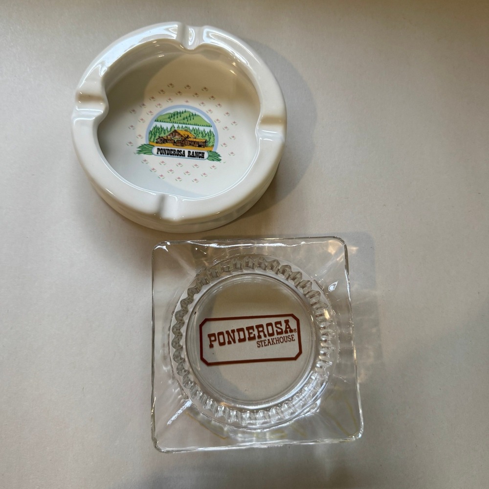 Vintage‎ Ponderosa Steakhouse Glass & Ponderosa Ranch Ceramic Ashtray
